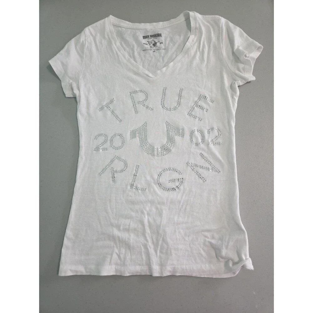 True religion vneck tee t-shirt bling white 2002 logo small